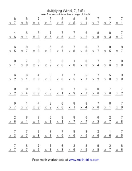 Multiplying With 6, 7, 8 (E) Worksheet