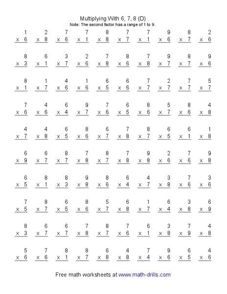 Multiplying With 6, 7, 8 (D) Worksheet