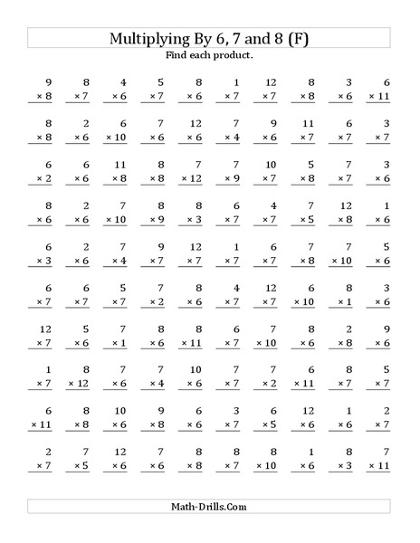 Multiplying With 6, 7, 8 (F) Worksheet