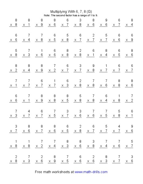 Multiplying With 6, 7, 8 (G) Worksheet