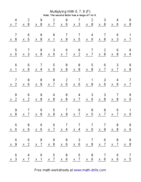 Multiplying With 6, 7, 8 (F) Worksheet