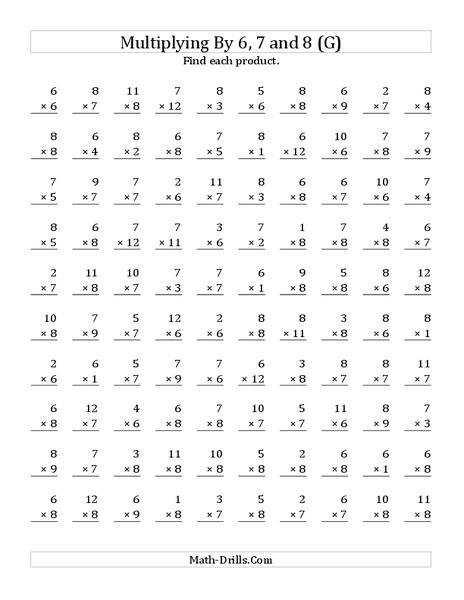 Multiplying With 6, 7, 8 (G) Worksheet