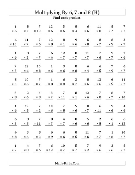 Multiplying with 6, 7, 8 (H) Worksheet