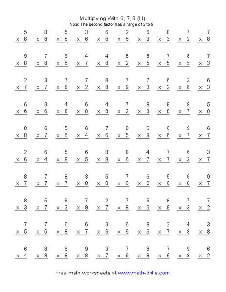 Multiplying with 6, 7, 8 (H) Worksheet