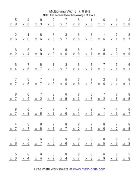 Multiplying With 6, 7, 8 (H) Worksheet