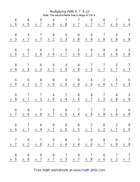 Multiplying with 6, 7, 8 (J) Worksheet