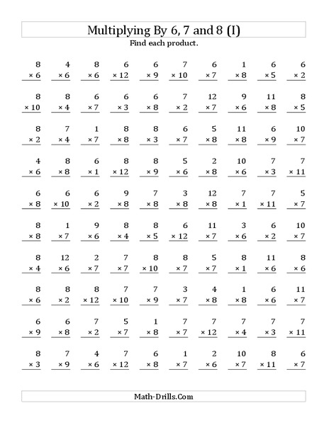Multiplying With 6, 7, 8 (I) Worksheet