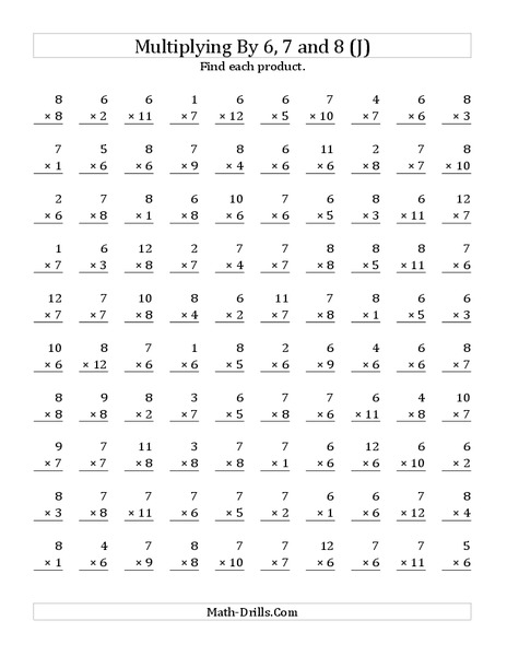 Multiplying With 6, 7, 8 (J) Worksheet
