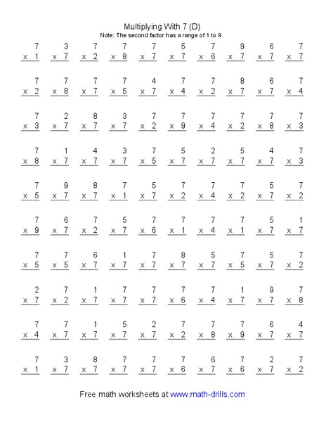 Multiplying With 7 (D) Worksheet