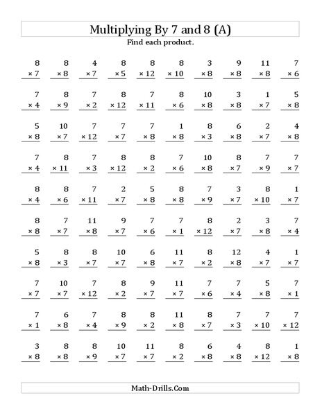 Multiplying With 7 and 8 (A) Worksheet