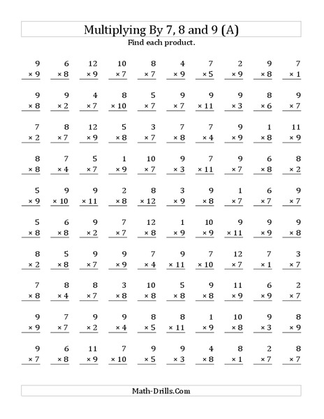 Multiplying with 7, 8, 9 (A) Worksheet