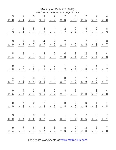 Multiplying With 7, 8, 9 (B) Worksheet
