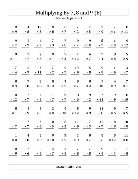 Multiplying with 7, 8, 9 (B) Worksheet