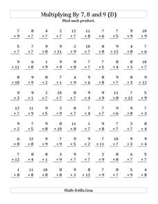 Multiplying With 7, 8, 9 (D) Worksheet