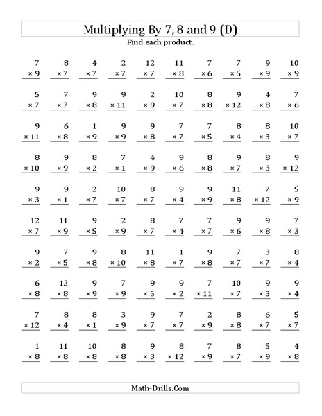 Multiplying With 7, 8, 9 (D) Worksheet