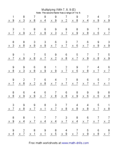 Multiplying With 7, 8, 9 (E) Worksheet