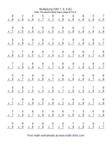 Multiplying With 7, 8, 9 (E) Worksheet
