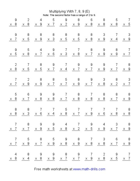 Multiplying With 7, 8, 9 (E) Worksheet