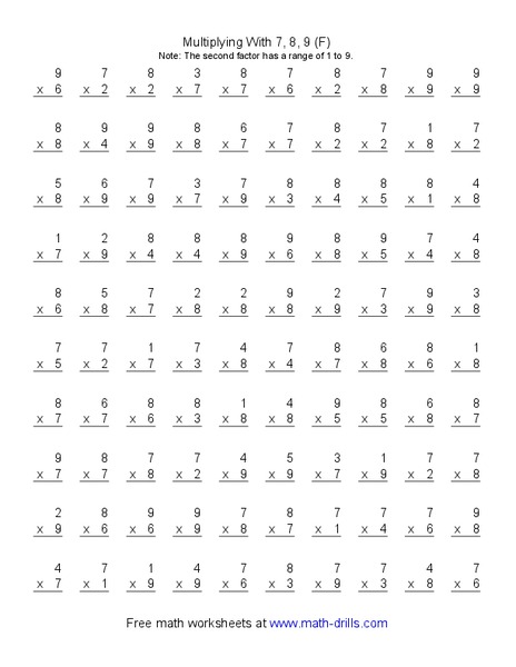 Multiplying With 7, 8, 9 (F) Worksheet