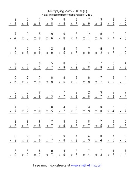 Multiplying With 7, 8, 9 (F) Worksheet