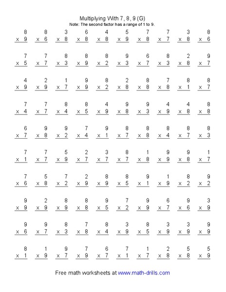 Multiplying With 7, 8, 9 (G) Worksheet
