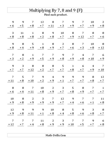 Multiplying With 7, 8, 9 (F) Worksheet