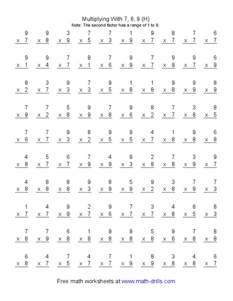 Multiplying With 7, 8, 9 (H) Worksheet