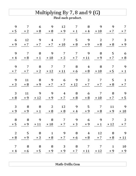 Multiplying With 7, 8, 9 (G) Worksheet