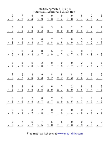 Multiplying With 7, 8, 9 (H) Worksheet