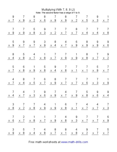 Multiplying With 7, 8, 9 (J) Worksheet