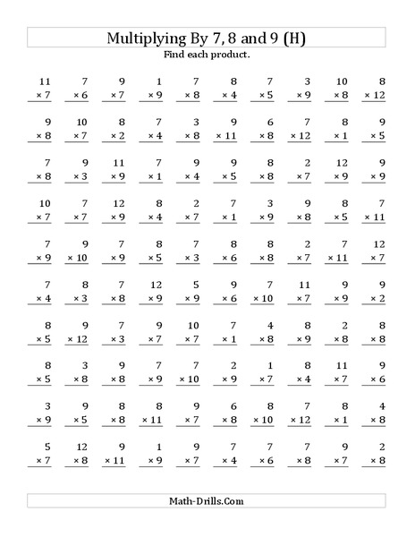 Multiplying With 7, 8, 9 (H) Worksheet