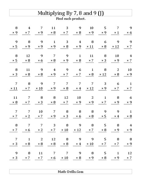 Multiplying With 7, 8, 9 (J) Worksheet