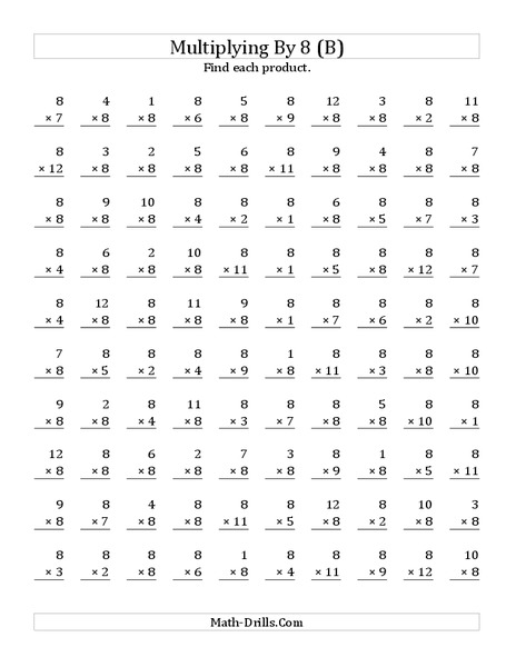 Multiplying With 8 (B) Worksheet