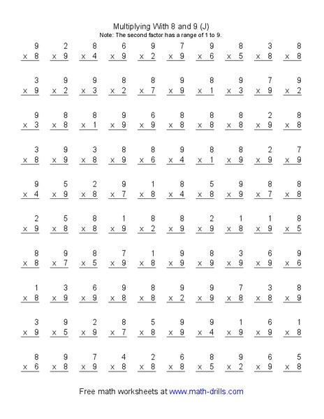 Multiplying With 8 and 9 (J) Worksheet