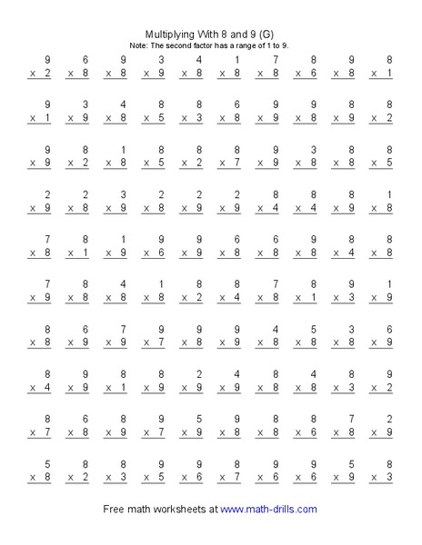 Multiplying With 8 and 9 (G) Worksheet