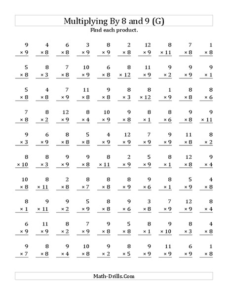 Multiplying With 8 and 9 (G) Worksheet