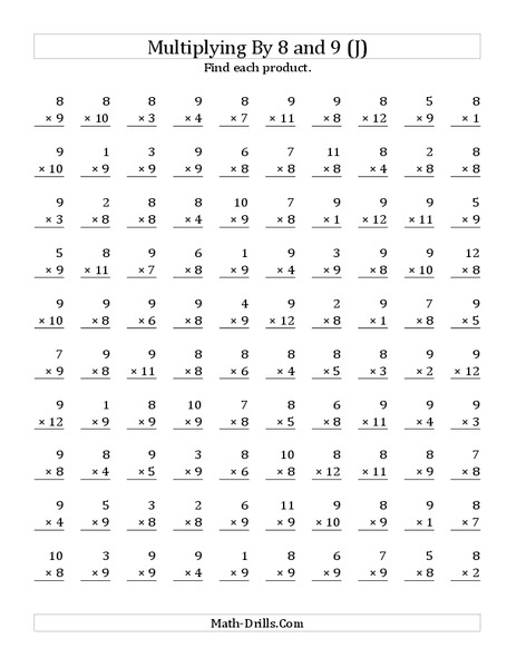 Multiplying With 8 and 9 (J) Worksheet