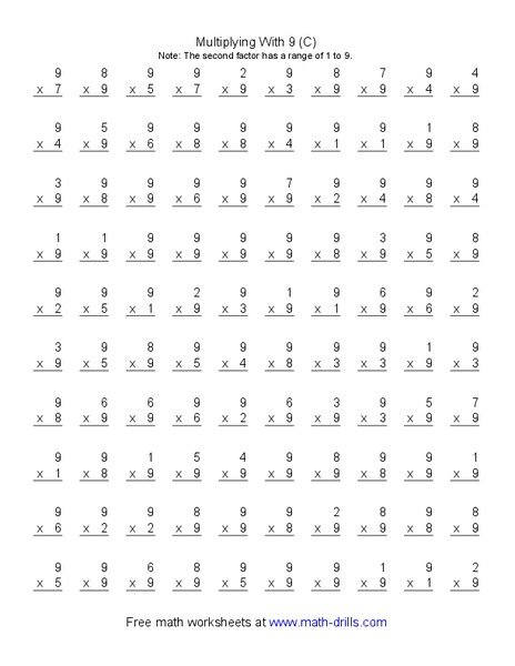 Multiplying With 9 (C) Worksheet