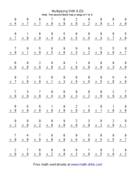Multiplying With 9 (D) Worksheet