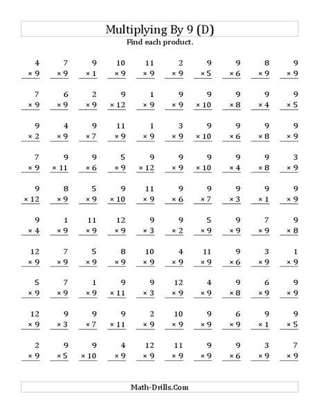 Multiplying With 9 (D) Worksheet
