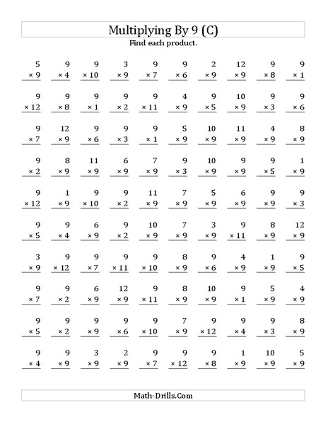 Multiplying With 9 (C) Worksheet