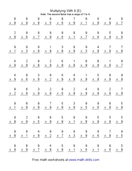 Multiplying With 9 (E) Worksheet