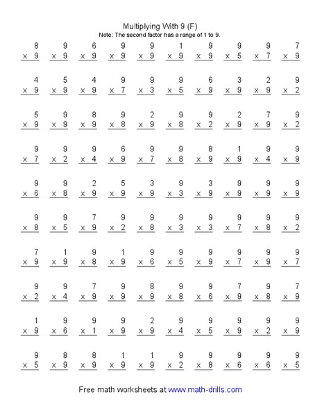 Multiplying With 9 (F) Worksheet