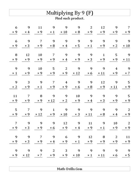 Multiplying With 9 (F) Worksheet