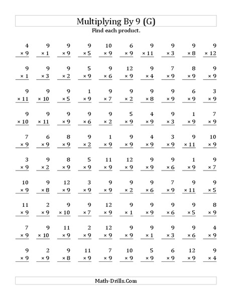 Multiplying with 9 (G) Worksheet