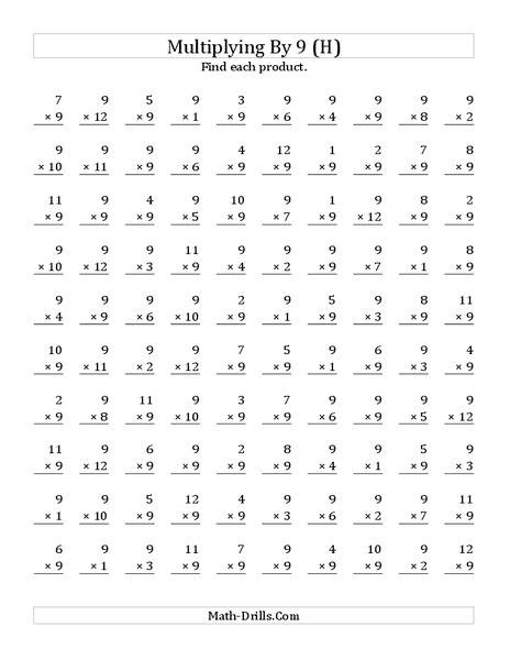 Multiplying with 9 (H) Worksheet
