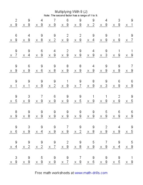 Multiplying With 9 (J) Worksheet