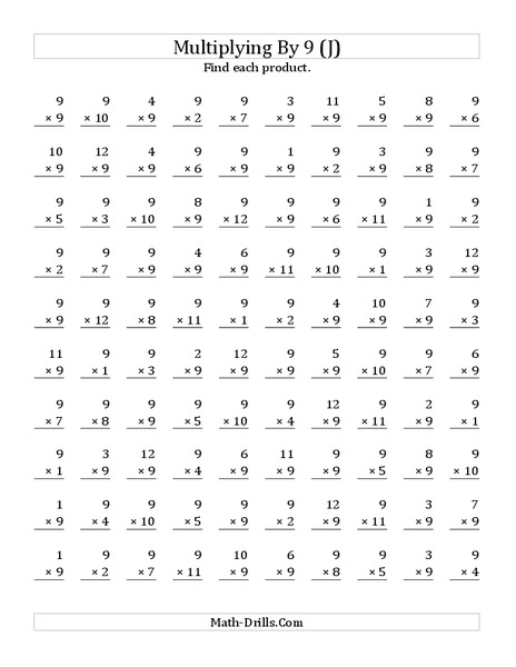 Multiplying with 9 (J) Worksheet