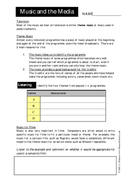 Music and the Media Worksheet
