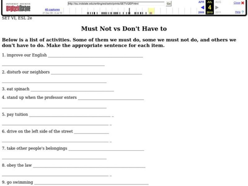 Must Not vs. Don't Have to Worksheet